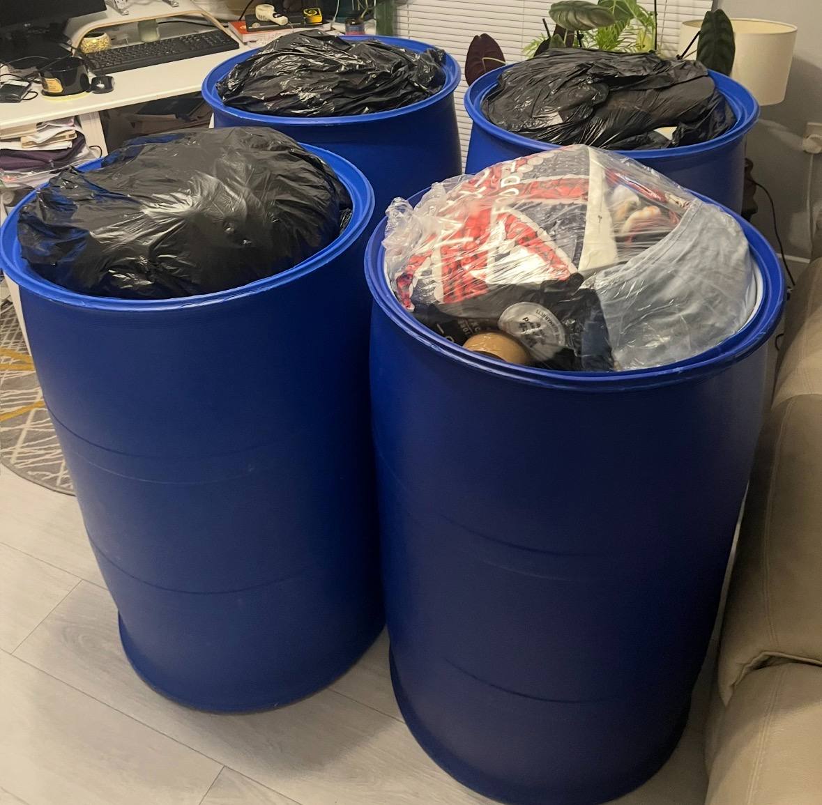 Barrels packed with supplies for Jamaica
